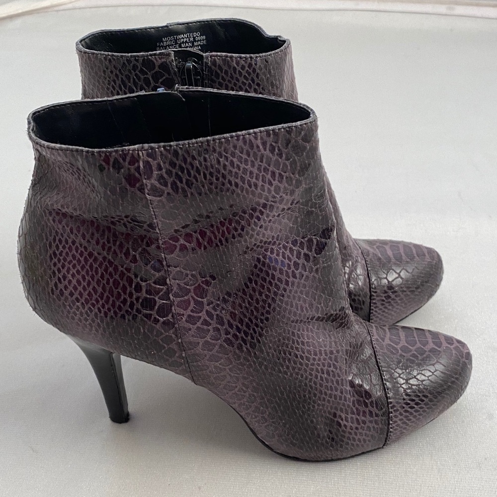 Nine West Most Wanted purple snake skin stiletto booties